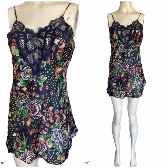 Victoria's Secret Other - Vintage Victoria's Secret Gold Label Satin Floral Slip Chemise Navy  Lace Sz M